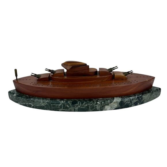 Vintage Wood Battle Ship Shaped Cribbage Board Game on Marble Base Cannon Pegs - Picture 1 of 11